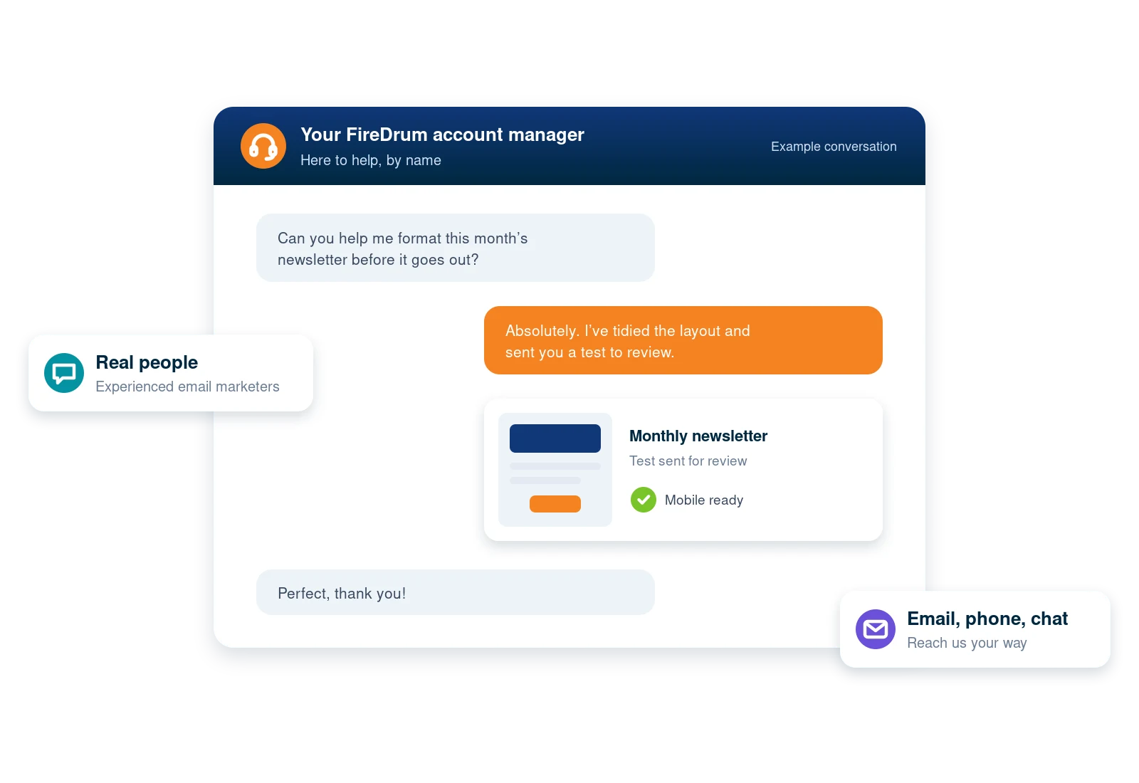 Example conversation with a FireDrum account manager helping format a monthly newsletter