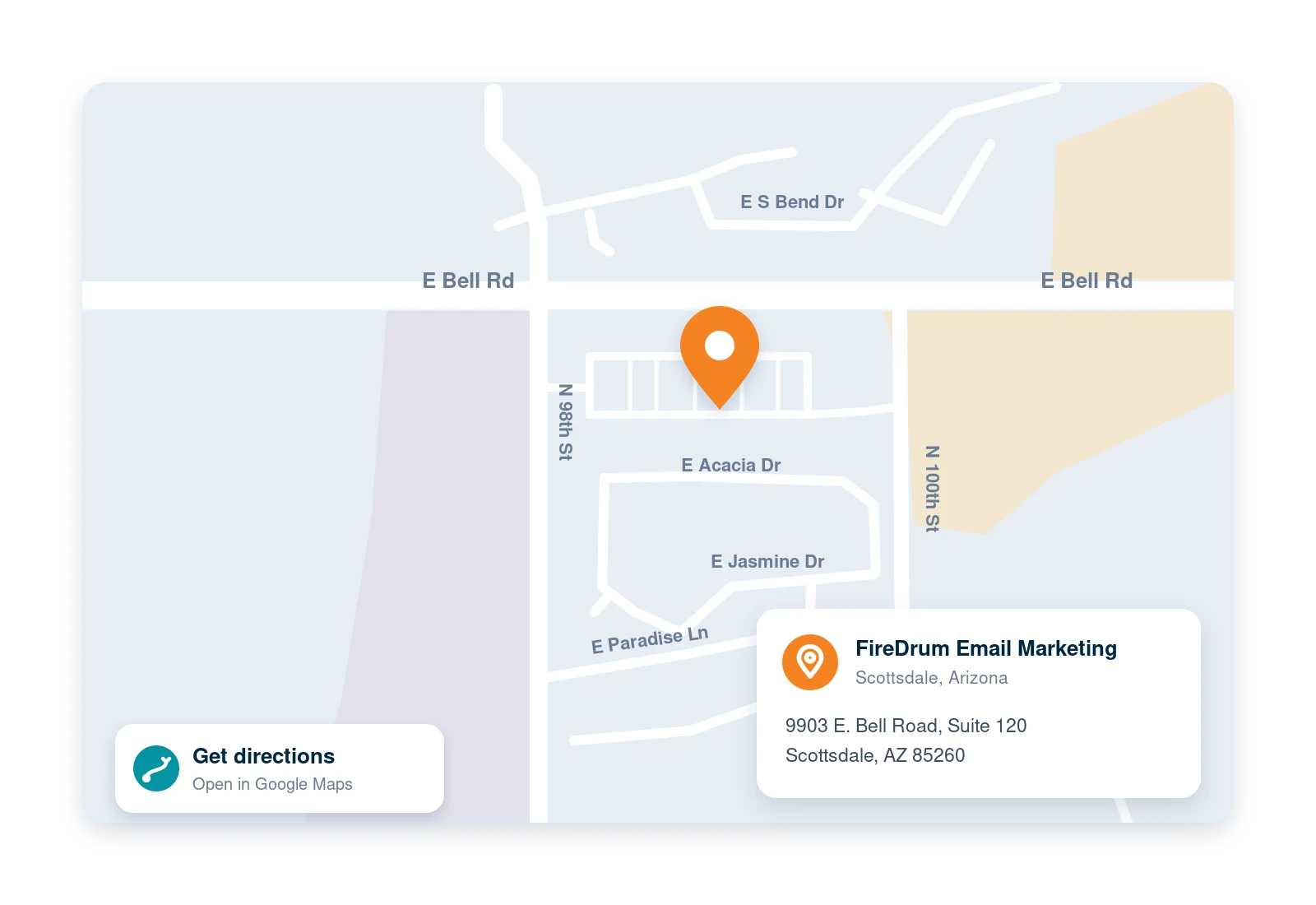 Map showing the FireDrum Email Marketing office at 9903 E. Bell Road, Suite 120, Scottsdale, AZ 85260
