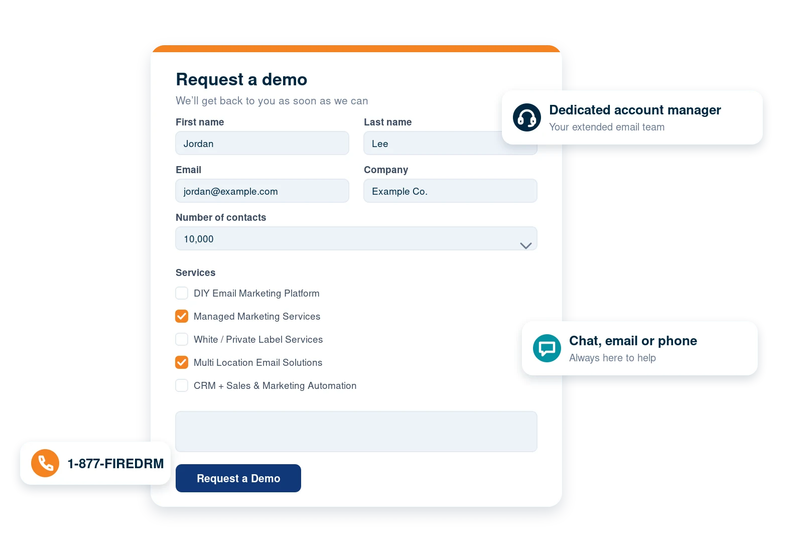 contact-sales FireDrum sales form: name, email, company, number of contacts and services, with a dedicated account manager and chat, email or phone support