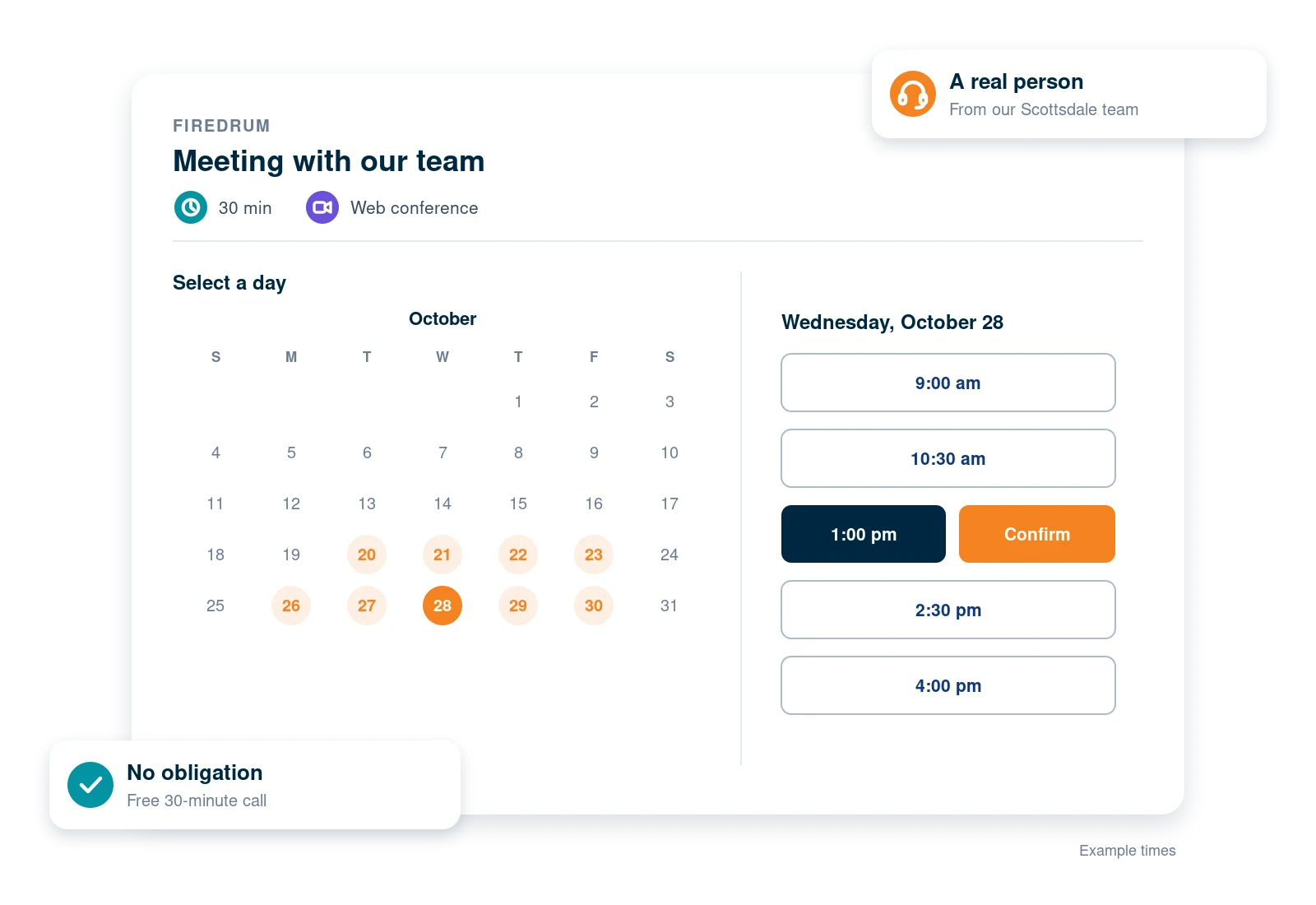 Booking a 30-minute FireDrum meeting: pick a day, then a time