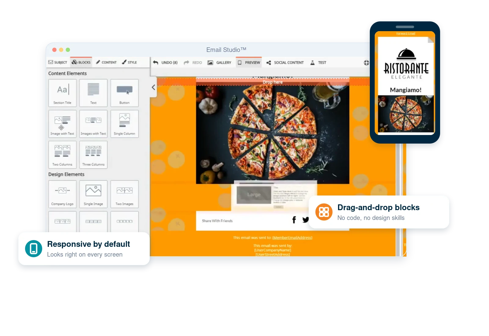 FireDrum Email Studio drag-and-drop email builder