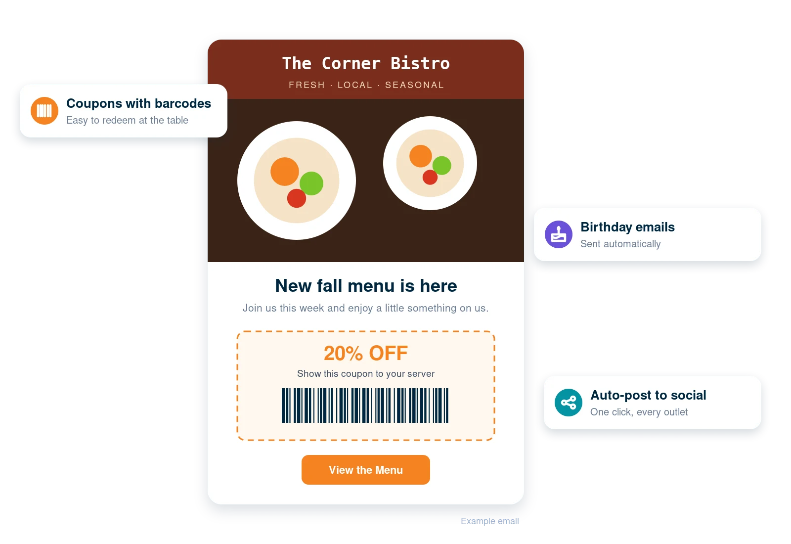 Example restaurant email announcing a new fall menu with a 20% off barcode coupon