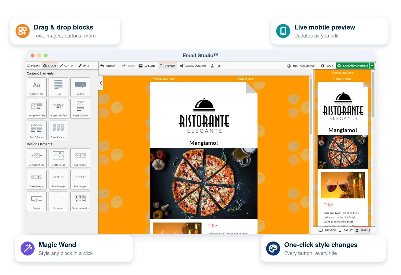 Email Studio with drag-and-drop blocks, the email canvas and a live mobile preview