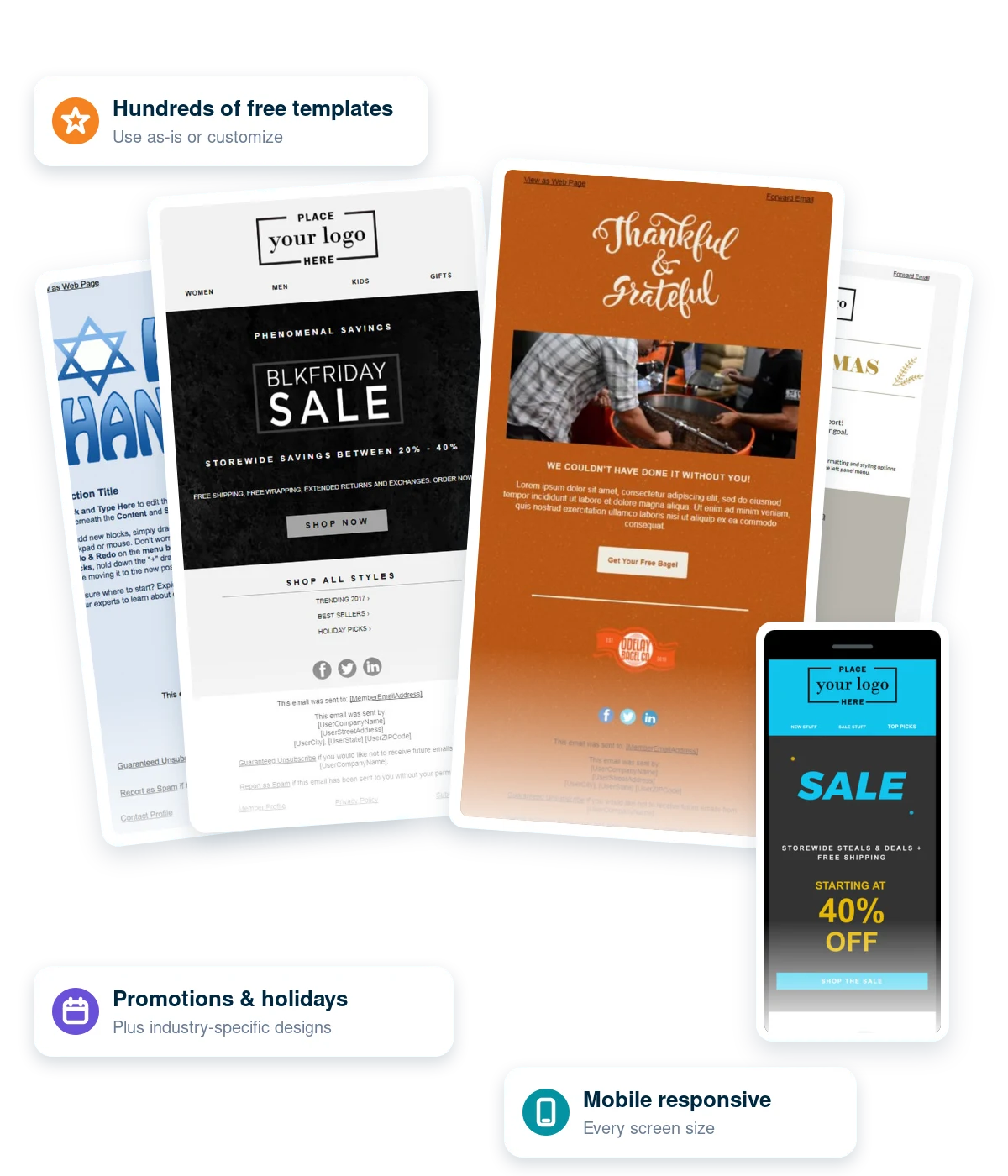 FireDrum free email templates for Thanksgiving, Black Friday, Hanukkah and Christmas, plus the mobile version of a Cyber Monday template