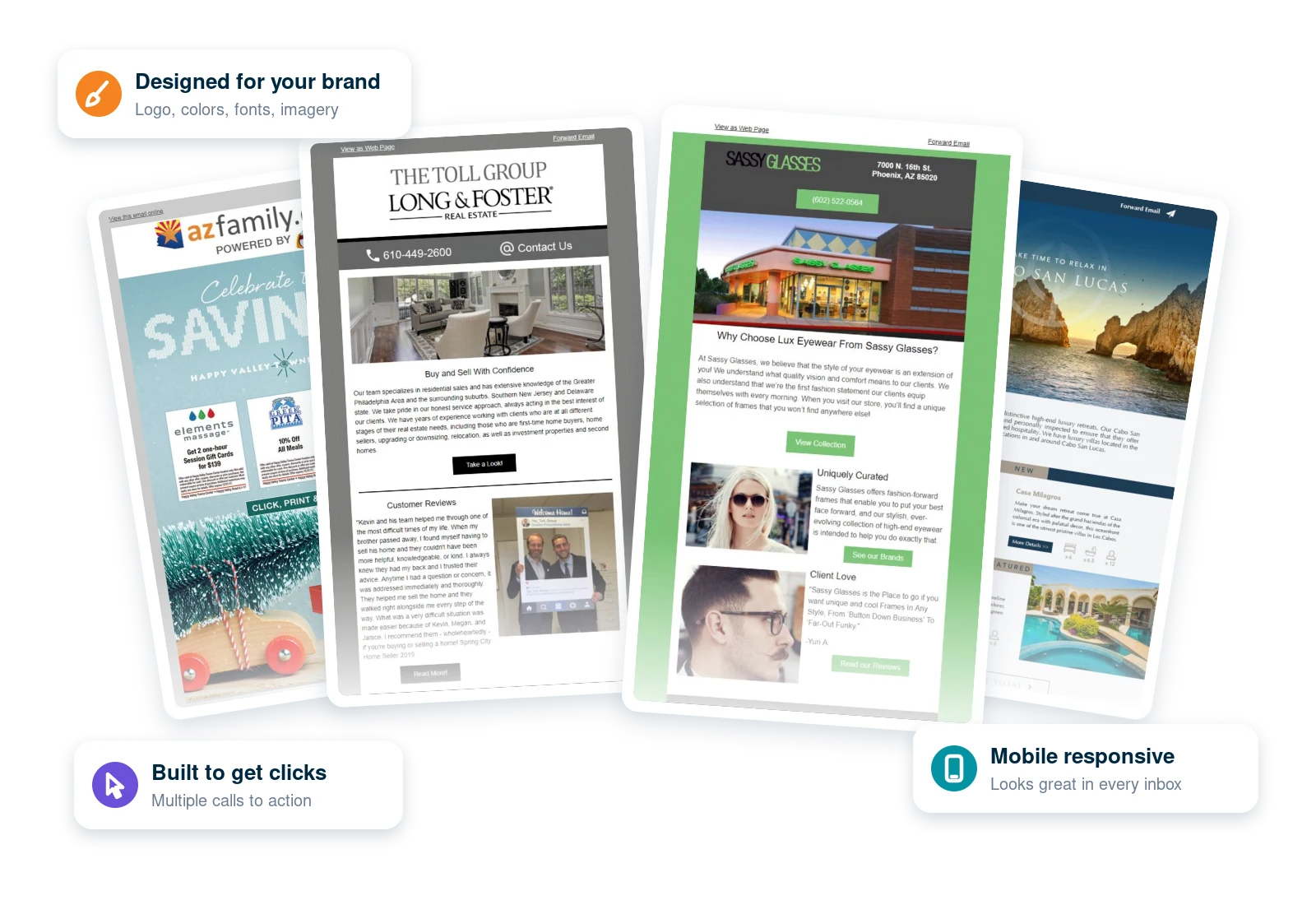 Custom email designs made for different brands, each mobile responsive with multiple calls to action