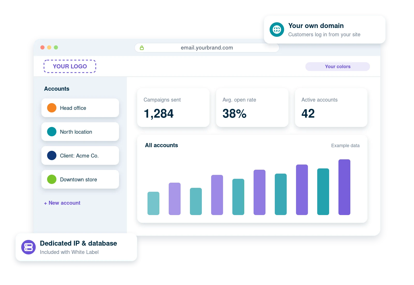 Your branded email marketing platform at your own domain with your logo, colors, an accounts list and roll-up stats